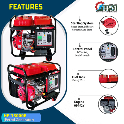 10 KVA Portable Generator, Model HP-13000E, Petrol Run, Recoil, Self Start & Remote Start